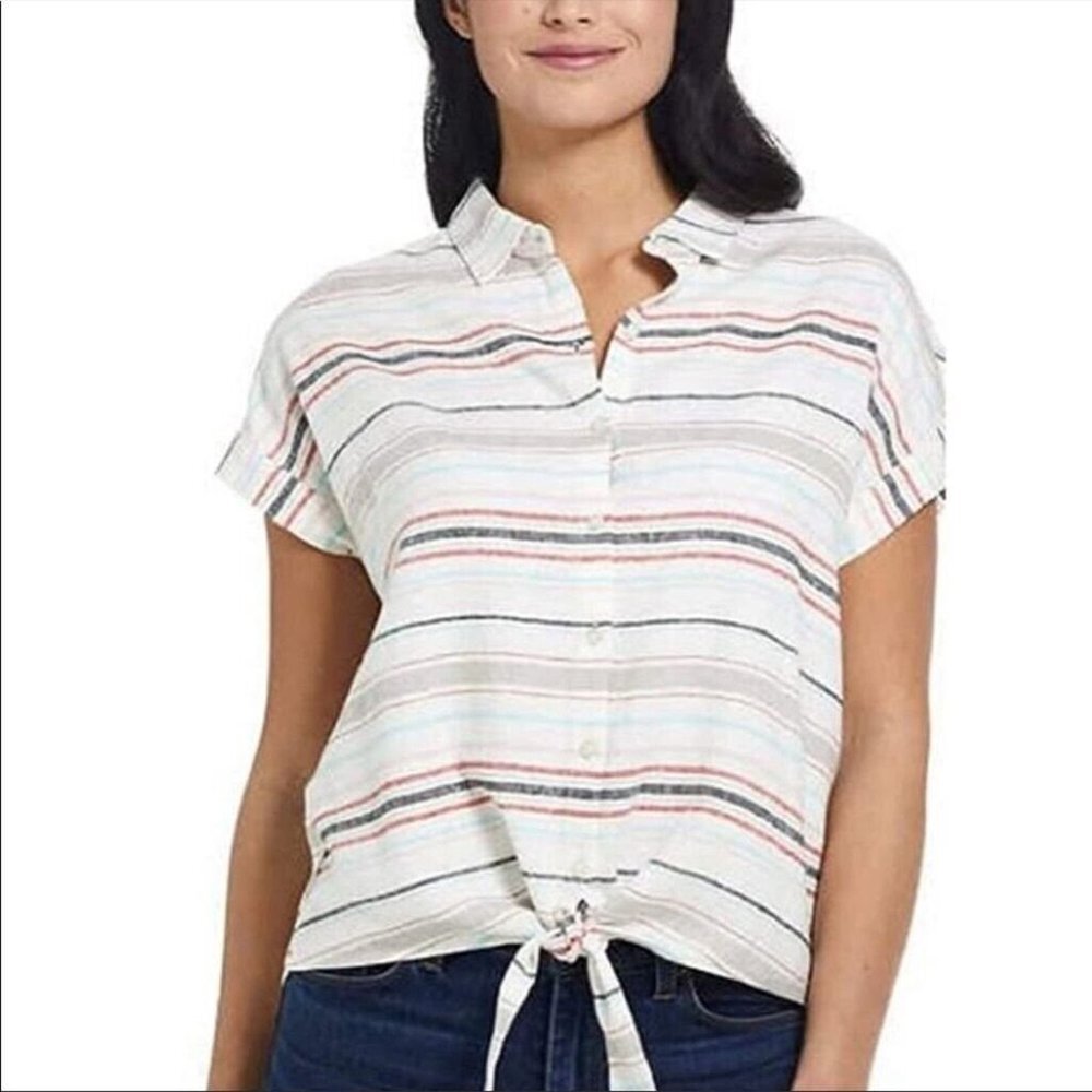 Weatherproof Vintage Front Knot Blouse Beige Washable‎ Linen Blend Button Up
